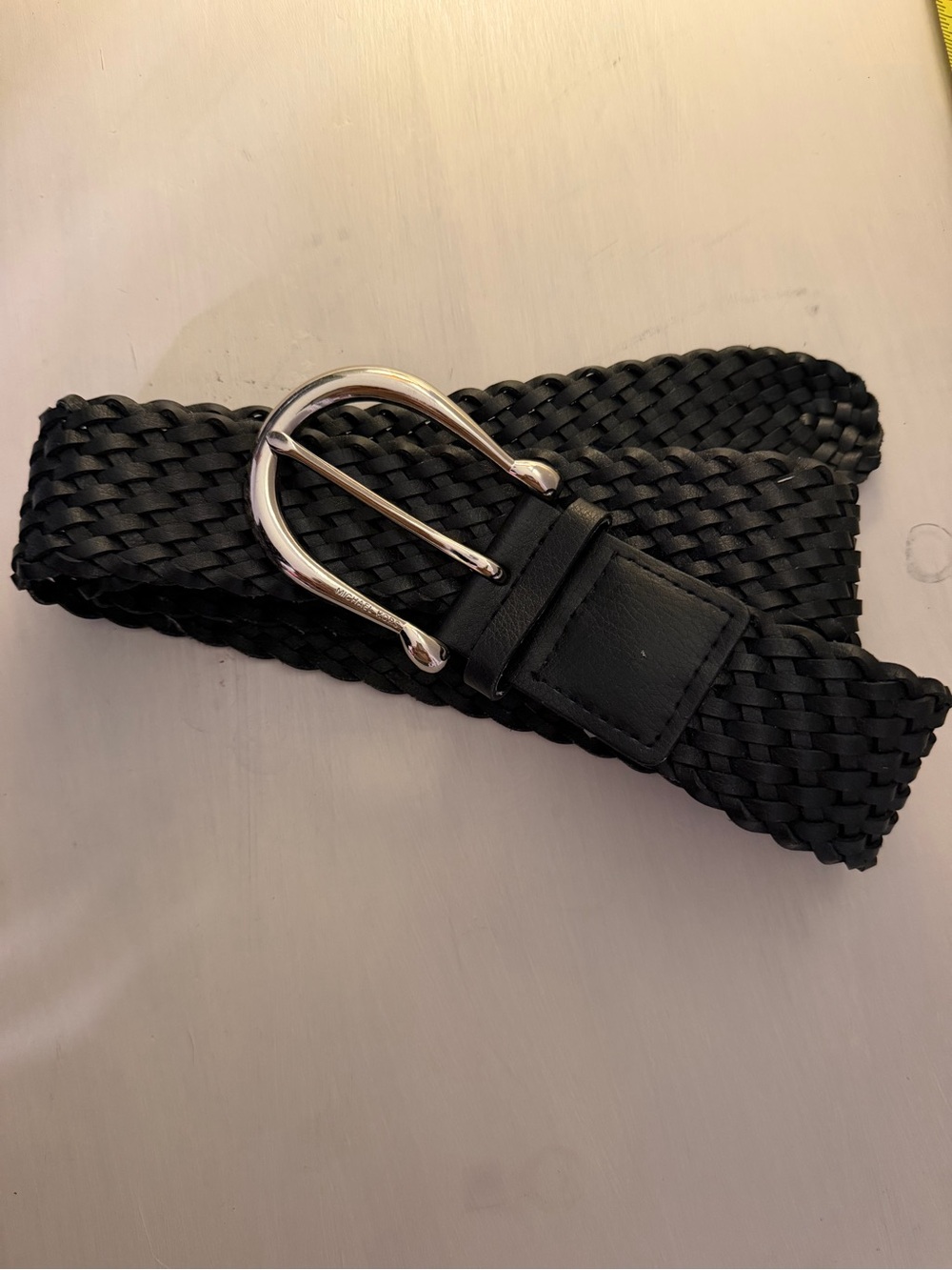 Michael Kors Braided Wide Black Leather Belt Women’s XL Woven Silver Buckle